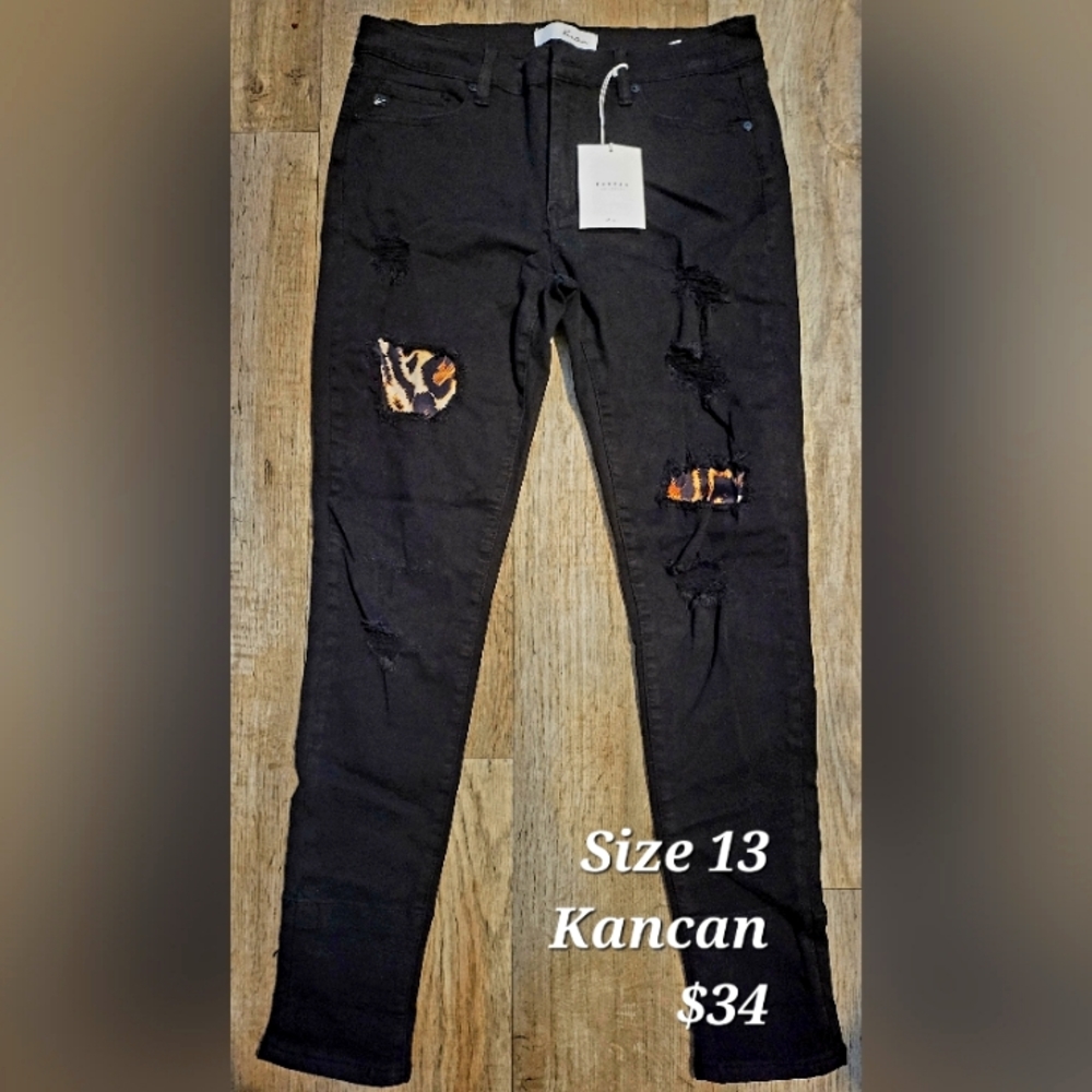 Kancan Jeans, New with tags, Black with leopard patches, Womens size 13